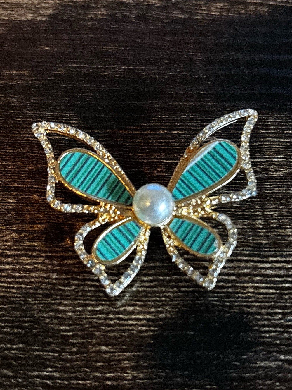 Gold-Tone Butterfly Brooch with Green Inlay and Pearl Accent